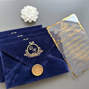 Lujoso juego de invitaciones de terciopelo azul marino: invitación de boda personalizada con sobre de terciopelo y estampado dorado, invitación para bautizo.