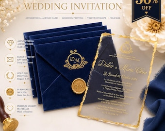 Velvet Acrylic Wedding Invitation with Gold Foil and Personalized Wax Seal