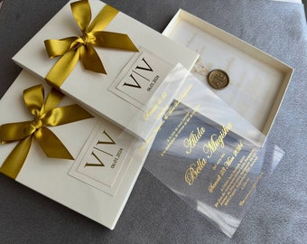 Box Invitation set with gold ribbons; Acrylic invitation with personalised seal wax and dried flowers with special boxes with gold print