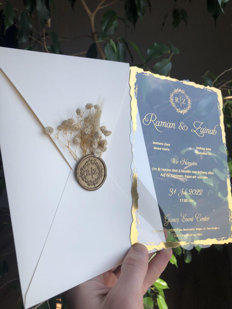 メンテナンス V Gold Print Cream Invitation: Wax Seal & Dried Flowers, Transparent