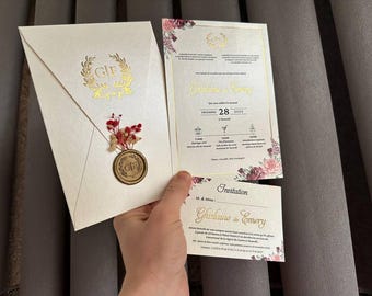 Cream Wedding Invitation Suite: Gold Foil, Floral RSVP Card & Wax Seal