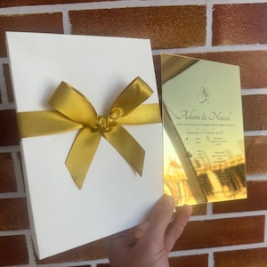 Invitaciones de boda en caja de lujo con tarjeta de espejo dorada y cinta de raso, invitaciones de boda en caja con tarjetas doradas, invitación de boda