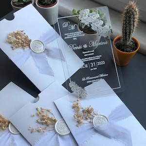Transparent Acrylic Floral Invitations with hand made ribbons and personalised seal wax, Luxury Wedding Invitation set with hand made ribbon