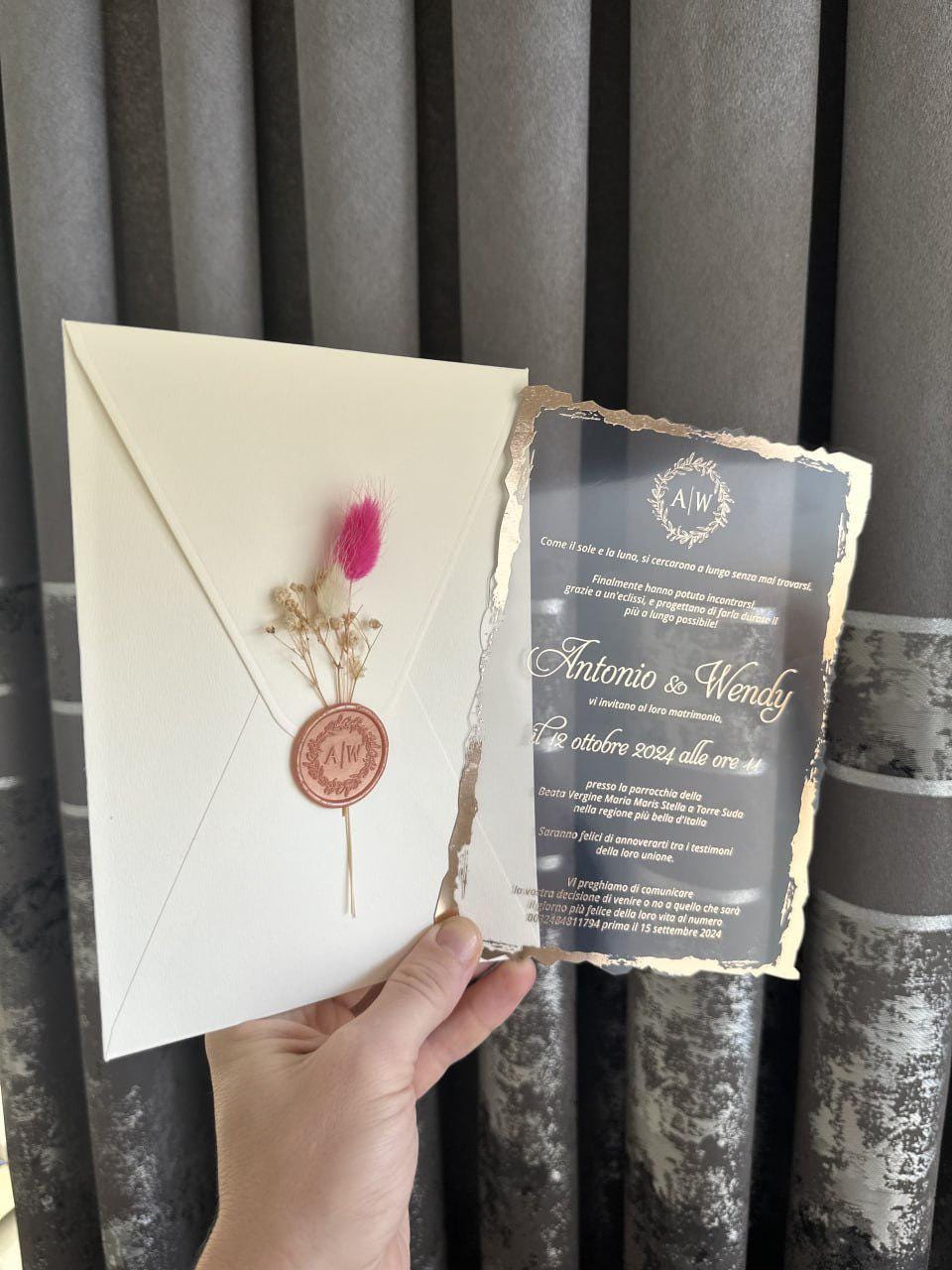 Gold Foil Wedding Invitation: Cream Envelope, Wax Seal, Dried