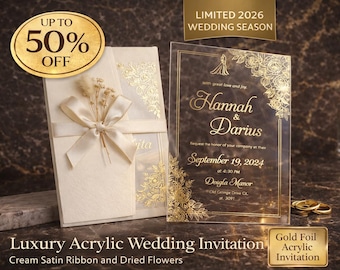 Acrylic Wedding Invitation Gold Foil Floral Ribbon Wedding Invite