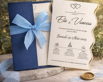 Navy Blue Pocket Wedding Invitation with Ribbon Elegant French Card