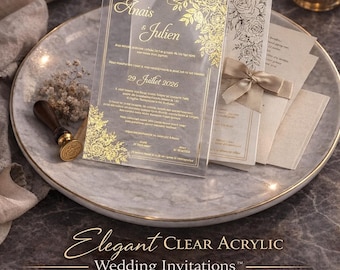 Clear Acrylic Wedding Invitation Gold Foil Floral Pocket Envelope Luxury Invite