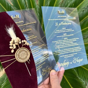 Faire-part de mariage luxueux en velours bordeaux | transparente imprimée dorée | Sceau de cire et ficelle personnalisés | Faire-part d'anniversaire, carte de quinceañera