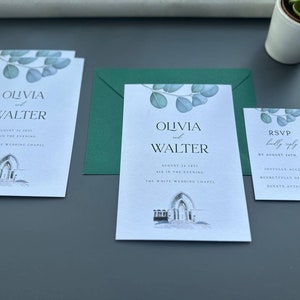 Conjunto de invitaciones personalizadas; Retrato de la iglesia de la boda, retrato personalizado del lugar de la boda de la acuarela