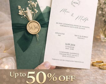 Green Wedding Invitation Wax Seal Floral Handmade Personalized Elegant Ribbon Card Suite