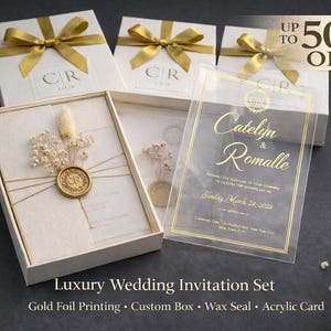 Luxury Box Wedding Invitation Set, Gold Foil Acrylic Card, Custom Monogram, Wax Seal