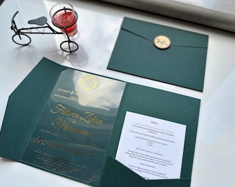 Elegante Brieftasche Modell Einladung mit transparenter Acryl-Karte mit Golddruck und personalisiertem Siegelwachs, Einladung mit Tasche