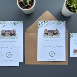 Conjunto de invitación de pintura de lugar de acuarela; Retrato personalizado del lugar de la boda en acuarela, retrato de la iglesia de la boda