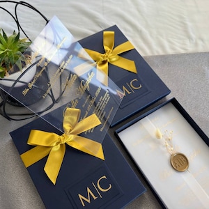 Box Invitation set; Clear acrylic gold printed  invitation with personalised seal wax and dried flowers with special boxes with gold ribbons