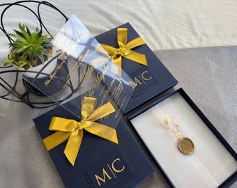Box Invitation set; Clear acrylic gold printed  invitation with personalised seal wax and dried flowers with special boxes with gold ribbons