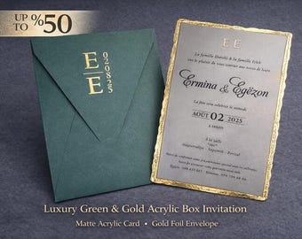Matte Acrylic Wedding Invitation with Gold Foil Green Envelope