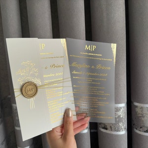Transparent Beige Hochzeitseinladung mit gefrosteten Karte Set; Elegante Einladungen mit personalisiertem Siegelwachs, mattierte Acryleinladung
