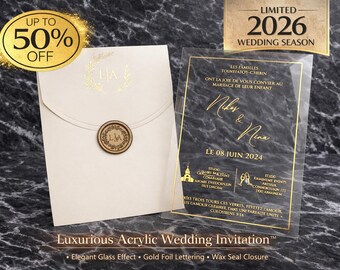 Luxury Acrylic Wedding Invitation with Cream Envelope and Gold Wax Seal Elegant Invite