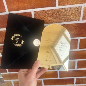 Elegante Samt Hochzeitseinladungen mit Gold Plexiglas und Wachssiegel, Luxus Hochzeitseinladung mit Samt Umschlägen und Golddruck