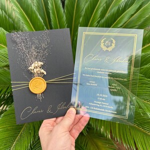 Elegante zwart-gouden huwelijksuitnodigingset met acrylkaart en gepersonaliseerd lakzegel, verjaardagsuitnodiging, bloemen huwelijksuitnodiging