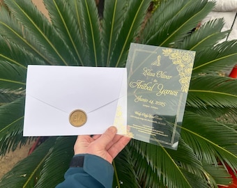Handmade Acrylic Wedding Invitations: Gold Print, Wax Seal, White Pocket