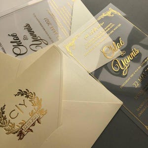 Invitación especial impresa en oro con sobres de lujo, elegante invitación transparente con detalles de lámina de oro, invitación de boda acrílica