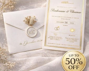 Luxury Gold Foil Wedding Invitation with Wax Seal and Dried Flowers