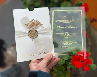 Custom Acrylic Wedding Invitation Set: Gold Print, Wax Seal