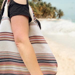 Large Cotton Beach Tote Bag – Red & Blue Striped on Beige – Shoulder Bag with Inner Pocket – Summer Beach Bag with Long Handles