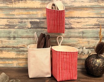 Red Striped Fabric Basket: Reversible Organizer Bin, Plant Cover