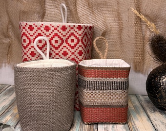 Vintage Fabric Hanging Organiser | Linen Home Decor | Rustic Handmade Textile Bin
