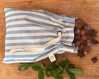 Blue Vegetable Storage Bag, Linen Drawstring, Handmade in Wales