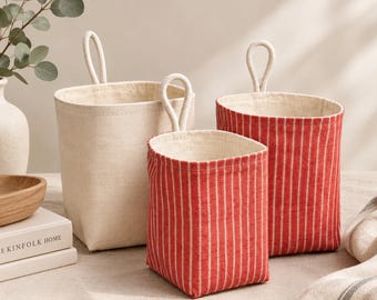 Hanging Fabric Storage Basket, Red Striped, Handmade Organiser, Kitchen & Bathroom Storage