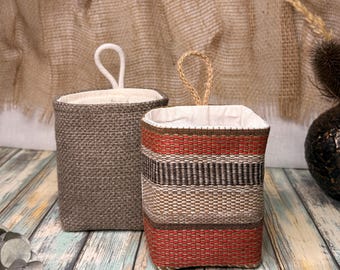 Rustic Handmade Textile Bin, Vintage Fabric Hanging Organiser