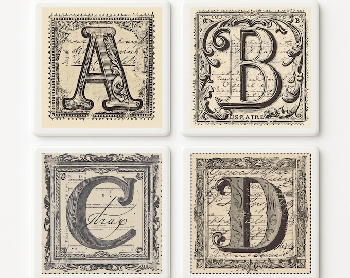 Custom Vintage Tile Set, 4 Personalized Letters or Numbers Ceramic Coasters