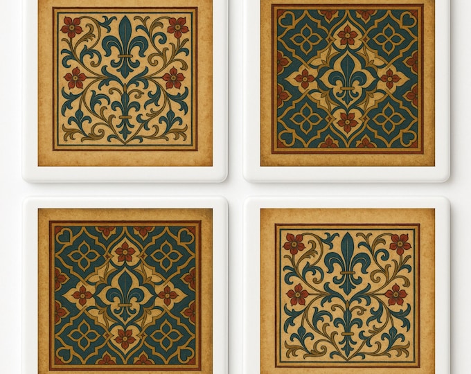 Medieval Fleur-de-Lis Tile Coasters: Set of 4, Gothic Vintage Style