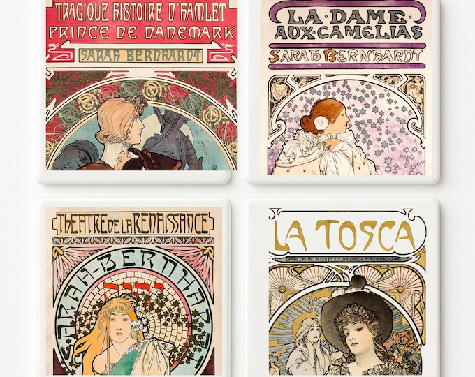 Art Nouveau Mucha ceramic Tiles Set of 4 | Vintage theater Decor