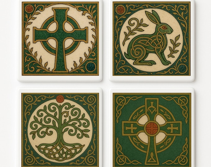 Celtic Knotwork Ceramic Coaster Set: Irish Heritage Decor, Celtic Cross, Tree of Life.