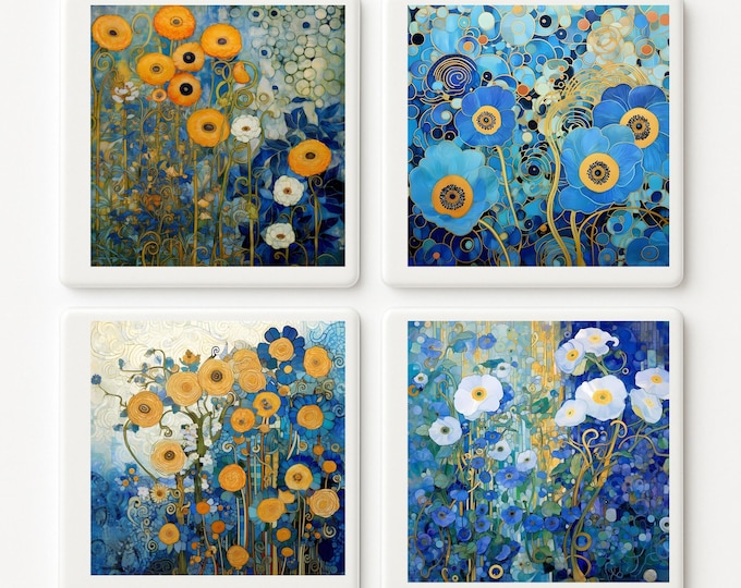 Set of 4 Blue Floral Ceramic Tile Coasters, Art Nouveau Botanical Set