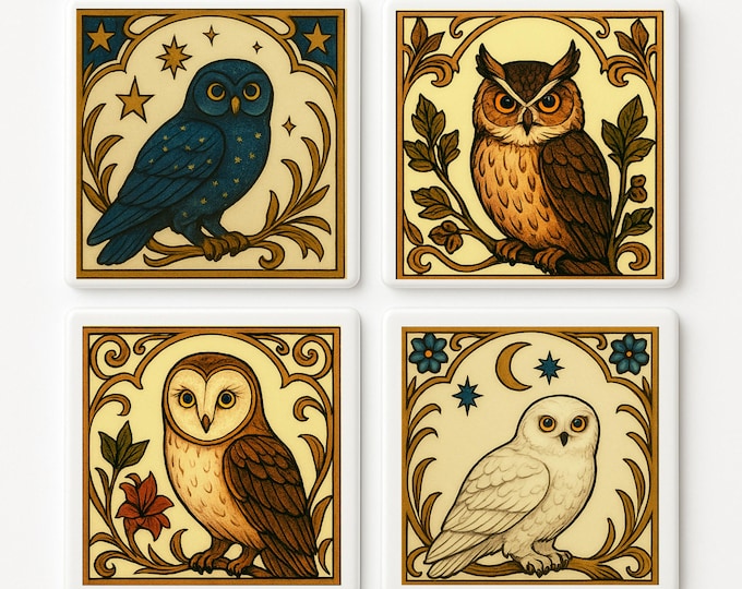 Handcrafted Owl Ceramic Tile Coaster Set: Woodland Celtic Cottagecore Decor