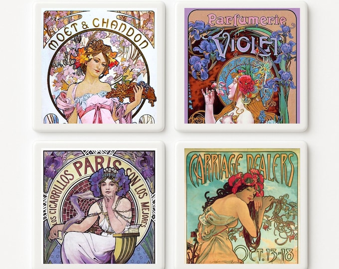 Art Nouveau Ceramic Tile Coasters: Alphonse Mucha Inspired Parisian Decor