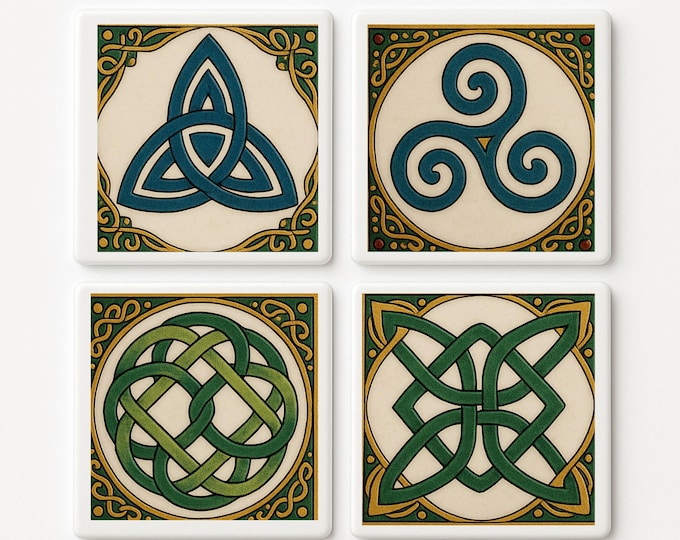 Set of 4 Ceramic Celtic Knot Coasters, Medieval Irish Gothic Home Decor