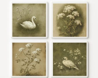Azulejos de cerámica botánicos con forma de cisne, hechos a mano, conjunto de decoración romántica de estilo antiguo.