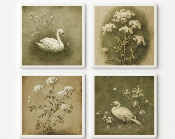 Handmade Swan Botanical Ceramic Tiles, Old World Romantic Decor Set