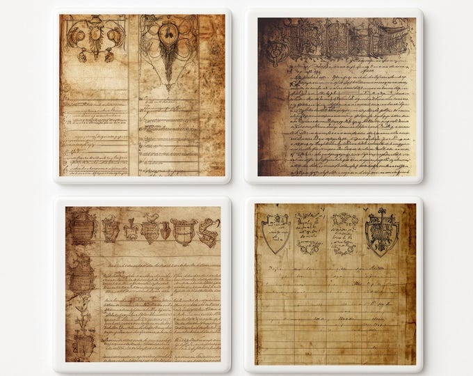 Medieval Manuscript Tile Coasters Antique Parchment Script Dark Academia Library Decor Historical Wall Art