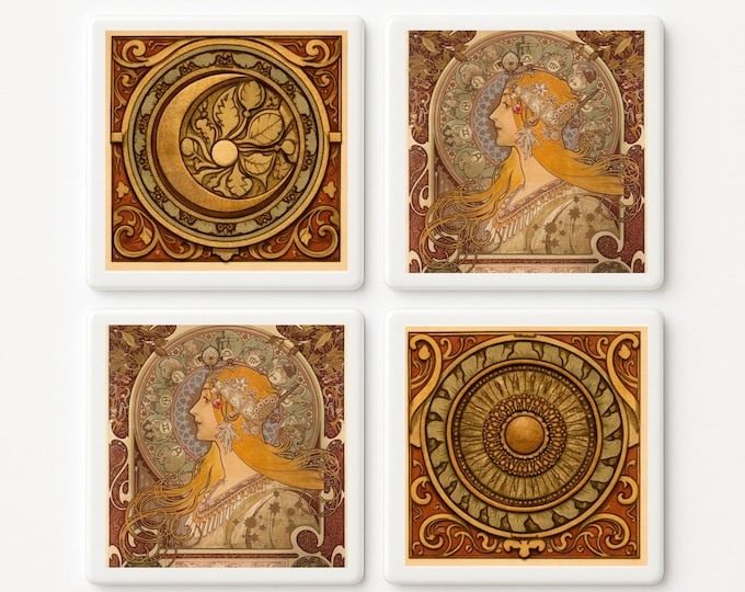 Alphonse Mucha Zodiac Tile Coasters – Set of 4, Art Nouveau Moon Design