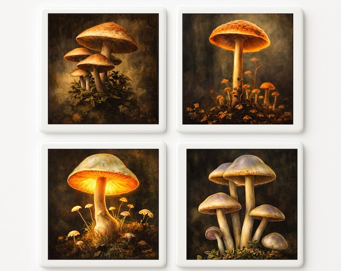 Dark Botanical Mushroom Ceramic Coasters – Moody Forest Fungi Tile Art – Gothic Cottagecore Decor
