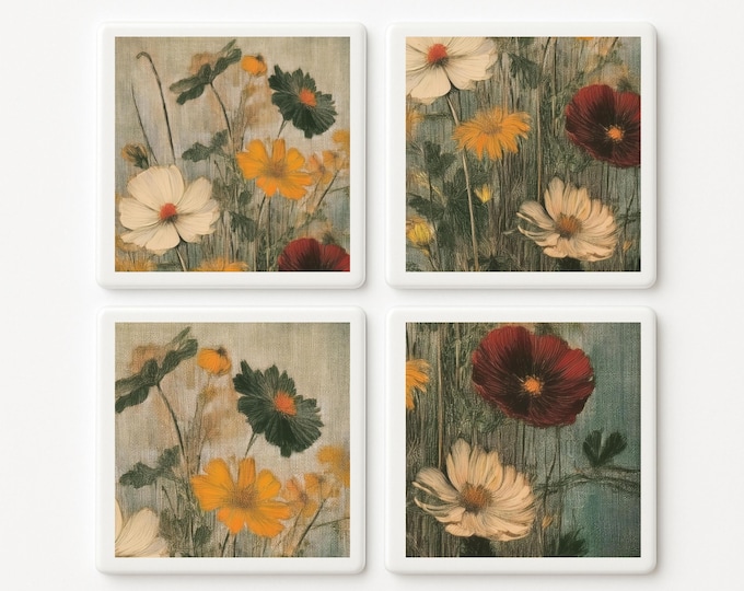 Vintage Wildflower Ceramic Tile | Floral Art Coaster or Decor | Single or 4-Tile Set
