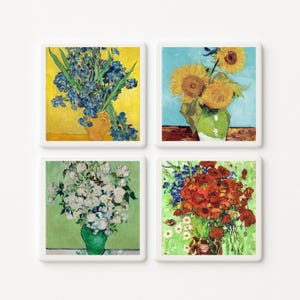 Posavasos de cerámica con flores de Van Gogh postimpresionistas: girasoles, lirios, amapolas y rosas
