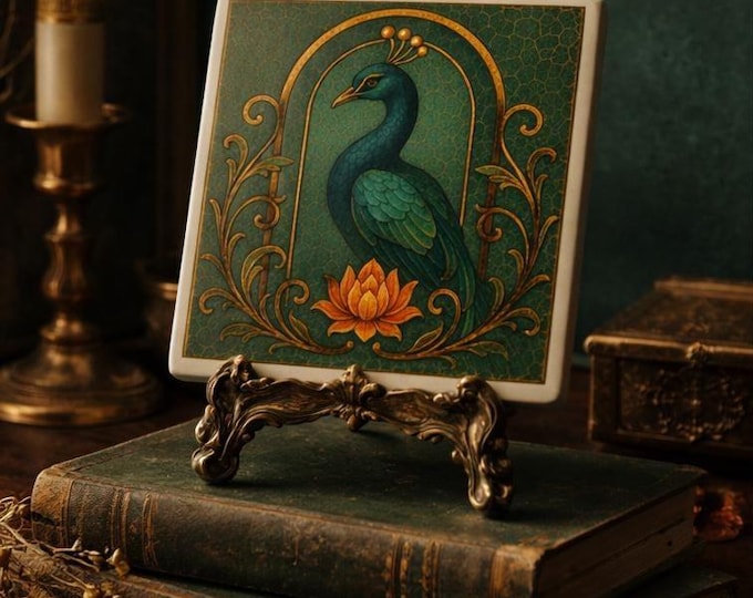 Art Nouveau Peacock Ceramic Tile | Emerald & Gold Decorative Coaster | Vintage Tile | The Distant Century